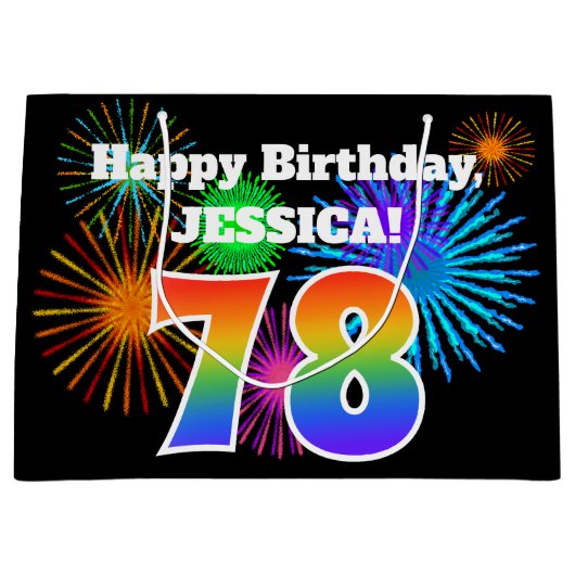 Fun Fireworks + Regenbogenmuster "78" Geburtstag # Große Geschenktüte (Vorderseite)