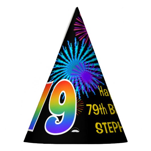 Fun Fireworks + Regenbogenmuster "79" Geburtstag # Partyhütchen (Links)