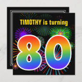 Fun Fireworks + Regenbogenmuster "80" Geburtstag # Einladung (Vorne/Hinten)