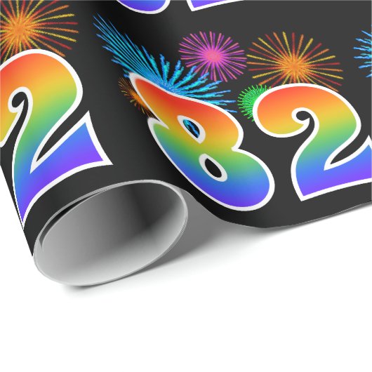 Fun Fireworks + Regenbogenmuster "82" Ereignisnumm Geschenkpapier (Rolleneckpunkt)