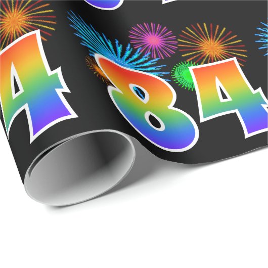 Fun Fireworks + Regenbogenmuster "84" Ereignisnumm Geschenkpapier (Rolleneckpunkt)