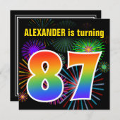 Fun Fireworks + Regenbogenmuster "87" Geburtstag # Einladung (Vorne/Hinten)