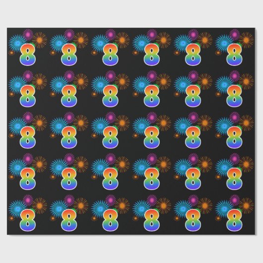 Fun Fireworks + Regenbogenmuster "8" Ereignisnumme Geschenkpapier (Flach)