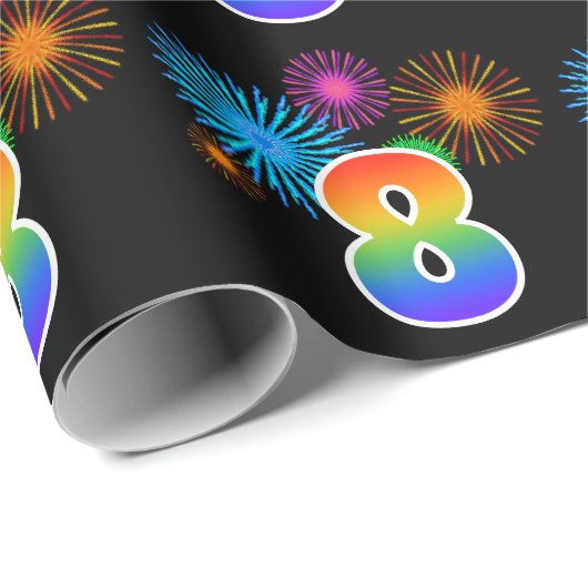 Fun Fireworks + Regenbogenmuster "8" Ereignisnumme Geschenkpapier (Rolleneckpunkt)