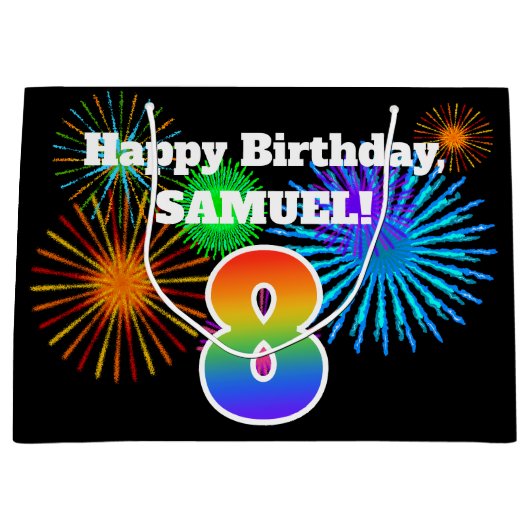 Fun Fireworks + Regenbogenmuster "8" Geburtstag # Große Geschenktüte (Vorderseite)