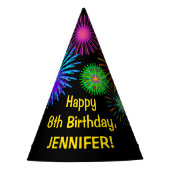 Fun Fireworks + Regenbogenmuster "8" Geburtstag # Partyhütchen (Vorderseite)