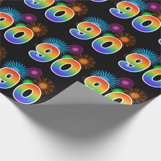 Fun Fireworks + Regenbogenmuster "90" Ereignisnumm Geschenkpapier (Ecke)