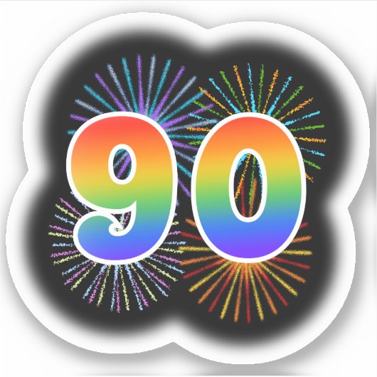 Fun Fireworks + Regenbogenmuster "90" Event # Aufkleber (Vorderseite)