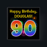 Fun Fireworks   Regenbogenmuster "90" Geburtstag # Button<br><div class="desc">Dieses lustige, lebendige Knopfdesign zeichnet sich durch ein farbenprächtiges, bunt bestücktes, feierliches Feuerwerk aus, das mit der Zahl "90" inspiriert ist und ein buntes Regenbogenmuster wie Spektrum oder Farbverlauf aufweist. Es enthält auch eine individuelle Name- und Veranstaltungsnachricht, wie zum Beispiel den Geburtstagsgruß "Happy Birthday". Ein solcher Knopf könnte von den...</div>