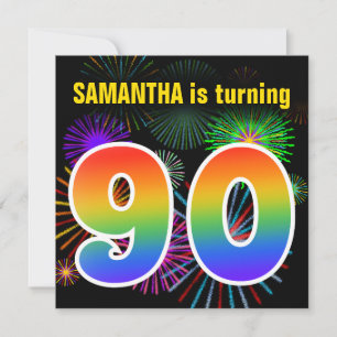 Fun Fireworks + Regenbogenmuster "90" Geburtstag # Einladung