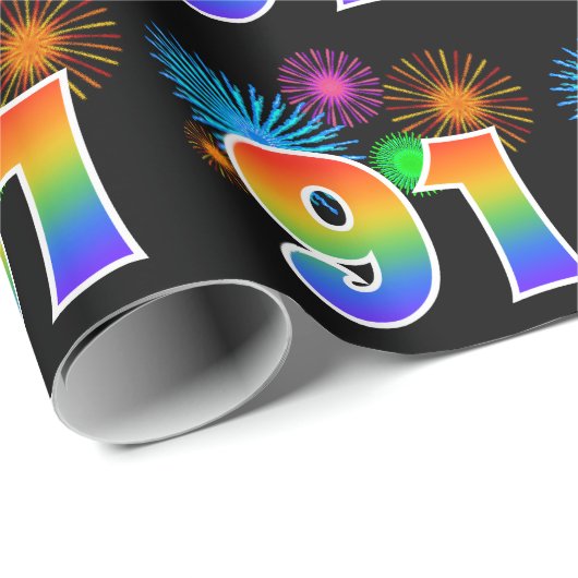 Fun Fireworks + Regenbogenmuster "91" Ereignisnumm Geschenkpapier (Rolleneckpunkt)