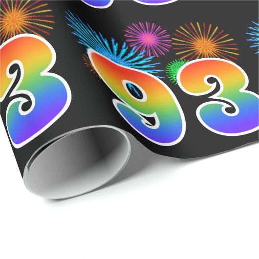 Fun Fireworks + Regenbogenmuster "93" Ereignisnumm Geschenkpapier (Rolleneckpunkt)