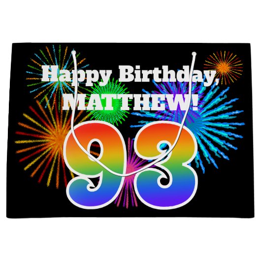 Fun Fireworks + Regenbogenmuster "93" Geburtstag # Große Geschenktüte (Vorderseite)