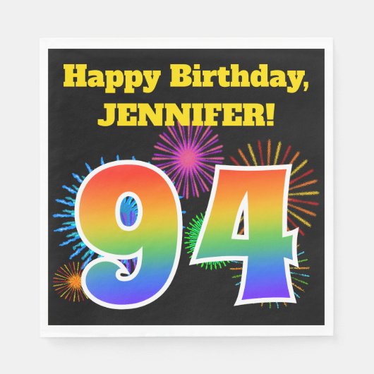Fun Fireworks + Regenbogenmuster "94" Geburtstag # Serviette (Vorderseite)