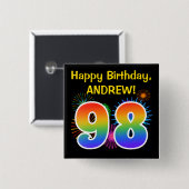 Fun Fireworks + Regenbogenmuster "98" Geburtstag # Button (Vorne & Hinten)