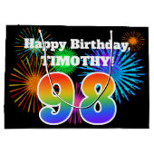 Fun Fireworks + Regenbogenmuster "98" Geburtstag # Große Geschenktüte (Rückseite)