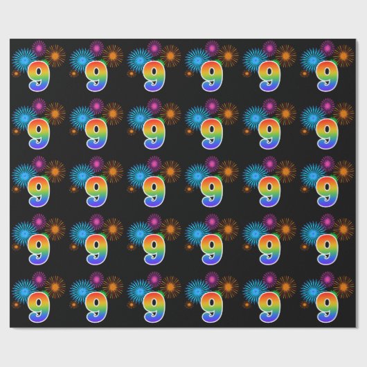 Fun Fireworks + Regenbogenmuster "9" Ereignisnumme Geschenkpapier (Flach)