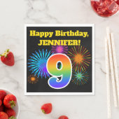 Fun Fireworks + Regenbogenmuster "9" Geburtstag # Serviette (Beispiel)