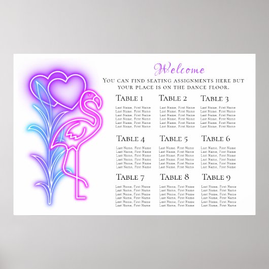 Fun Flamingo & Hearts Seating Chart 36"x24" Poster (Vorne)