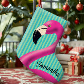 Fun Flamingo Hot Pink Aqua Stripes Modern Tropical Großer Weihnachtsstrumpf