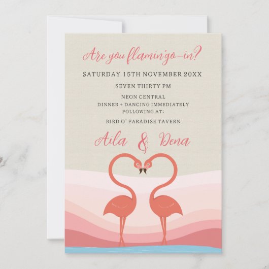 Fun Flamingo Love Birds Wedding Verlobung Einladung (Vorderseite)