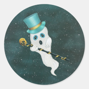 Fun Floating Ghost Aqua Top Hat Skull Cane in Sky Runder Aufkleber