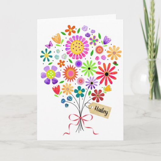 Fun Floral Bouquet mit Name Card Geburtskarte Karte (Vorderseite)