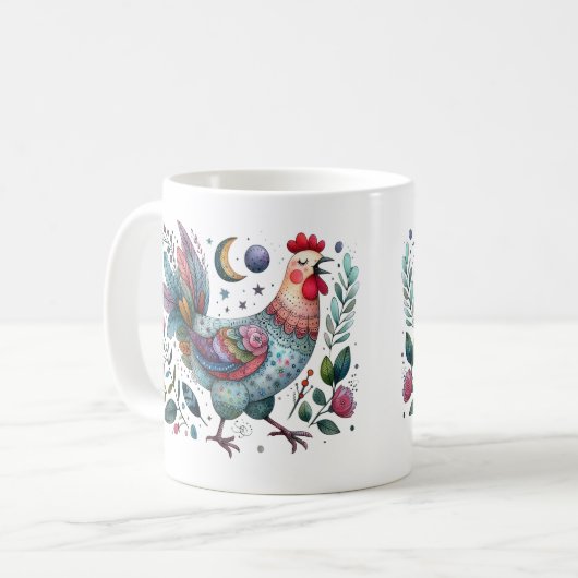 Fun Folk Art Chicken oder Rooster in der Nacht Kaffeetasse (Vorderseite Links)