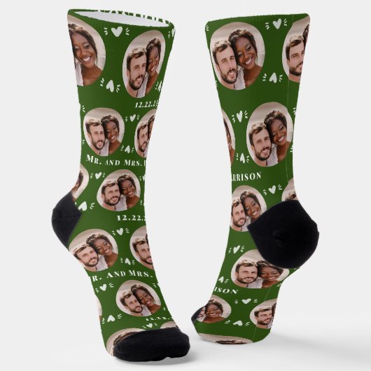 Fun Forest Green Newlyweds Foto Muster Socken (Gewinkelt)