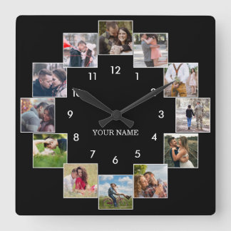 Fun Foto Collage Couple's Black Large Clock Quadratische Wanduhr