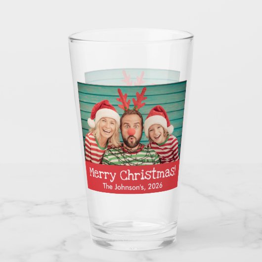 Fun Foto Frohe Weihnachten Rustikal Rot mit Namen  Glas (Vorderseite)