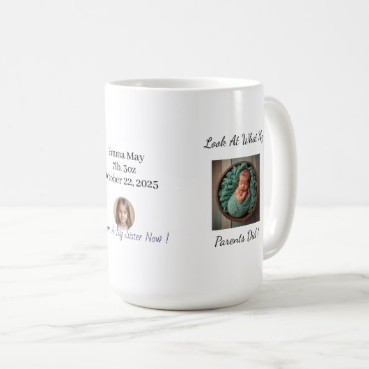 Fun Foto Geburtsankündigung personalisierte Mug Kaffeetasse (VorderseiteRechts)