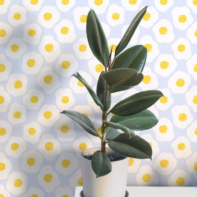 Fun Fried Eggs Blue Pattern Tapete (Fun fried egg food art peel and stick wallpaper for kitchen, diner, cafe or restaurant)