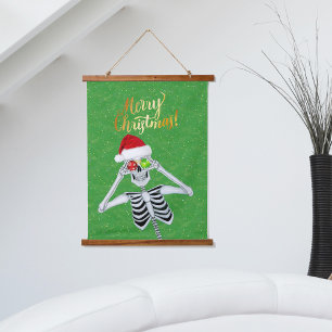 Fun Frohe Weihnachten Skeleton Green Gold Weihnach Wandteppich Mit Holzrahmen