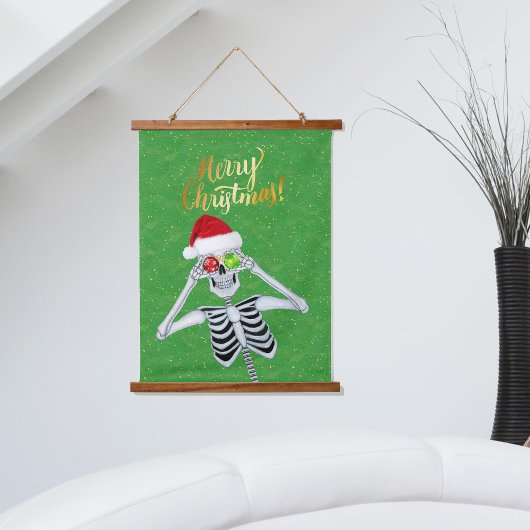 Fun Frohe Weihnachten Skeleton Green Gold Weihnach Wandteppich Mit Holzrahmen
