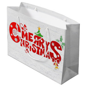 Fun fröhlicher Weihnachtstext auf weißem Holz Große Geschenktüte