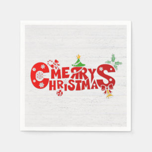 Fun fröhlicher Weihnachtstext auf weißem Holz Serviette