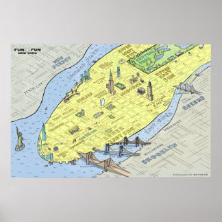 Fun Fun Map von New York City | 27 x 18" Wanddruck Poster