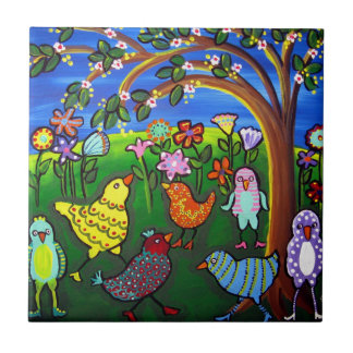 Fun Funky farbige Vögel Weiße Folklorekunst Tile Fliese