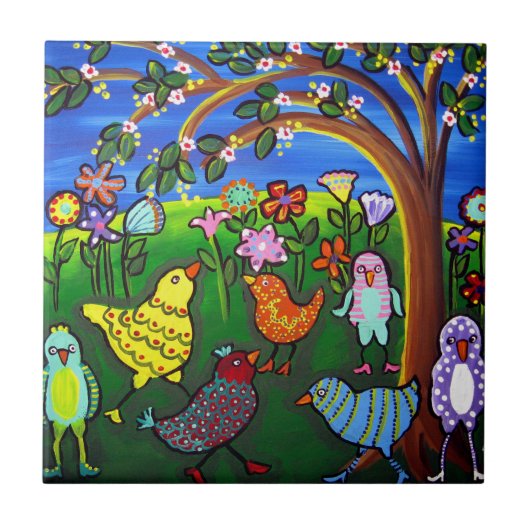Fun Funky farbige Vögel Weiße Folklorekunst Tile Fliese (Vorderseite)