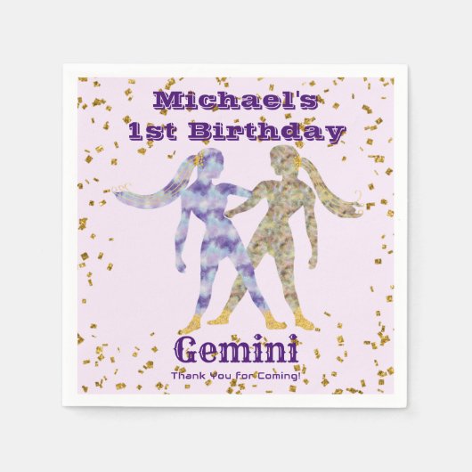 Fun Gemini Erstgeburtstag & Gold Confetti Serviette (Vorderseite)