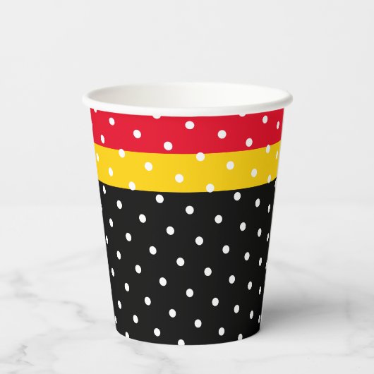 Fun gepunktete, hellgelbe Streifen auf schwarzen S Pappbecher (Rückseite)