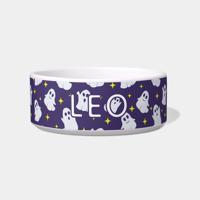 Fun Ghosts Muster Lila Halloween Fütternd Katze Napf (Vorderseite)