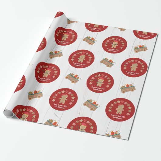 Fun Gingerbrei Cookie Skriptname Rustic Wood Red Geschenkpapier (Ungerollt)