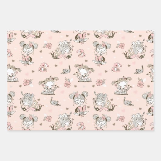 Fun Girls Bücher Rosa Schwarz Lesen Blumen Geschenkpapier Set (Vorderseite 2)