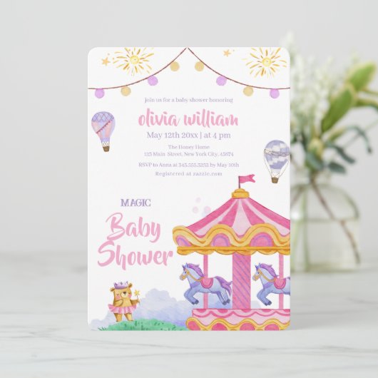 Fun Girly Magical Balloon Carousel Babydusche Einladung (Stehend Vorderseite)