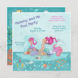 Fun Girly Pink Hair Meerjungfrau Mommy & Me Pool P Einladung