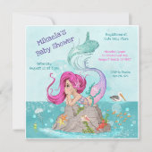 Fun Girly Pink Hair Mermaid Babydusche Einladung (Vorderseite)