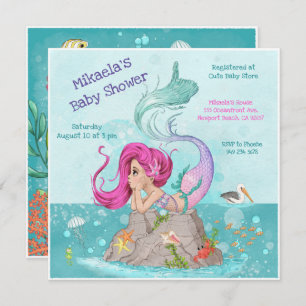 Fun Girly Pink Hair Mermaid Babydusche Einladung