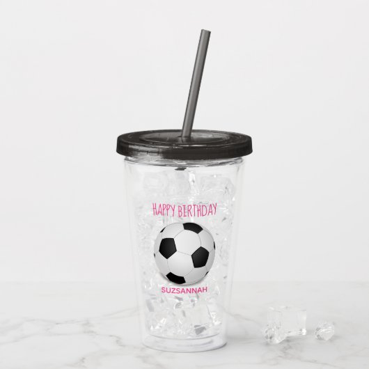 Fun Girly Soccer Ball Custom Pink Birthday Party Acryltrinkbecher (Rückseite Ice)